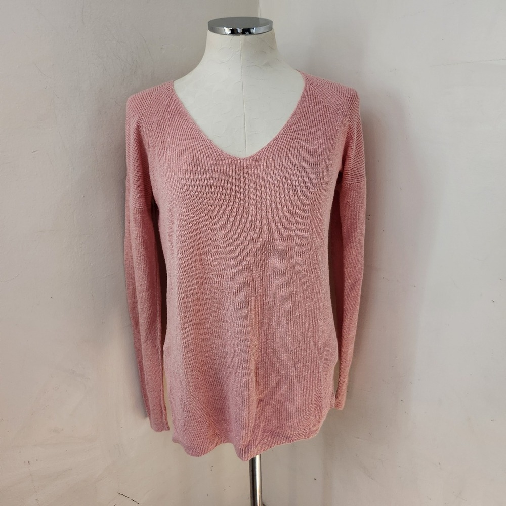 Banana Republic Pink Linen Blend V-Neck Sweater Small Raglan Long Sleeve